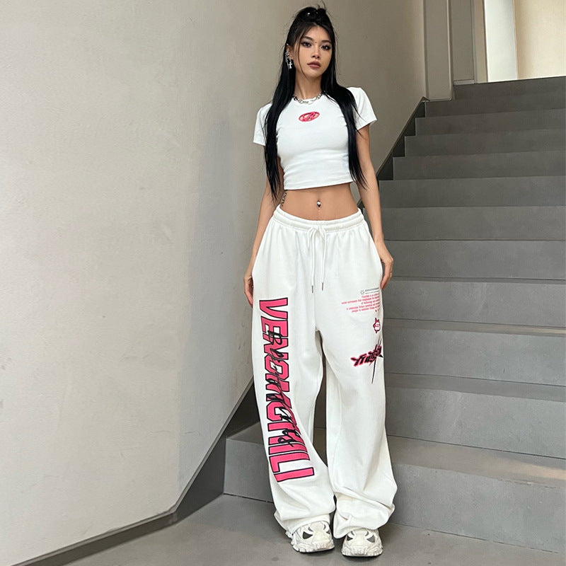 White Printed Loose Women Pants Summer Casual Fit