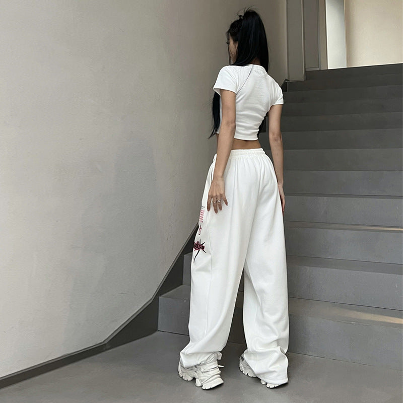 White Printed Loose Women Pants Summer Casual Fit