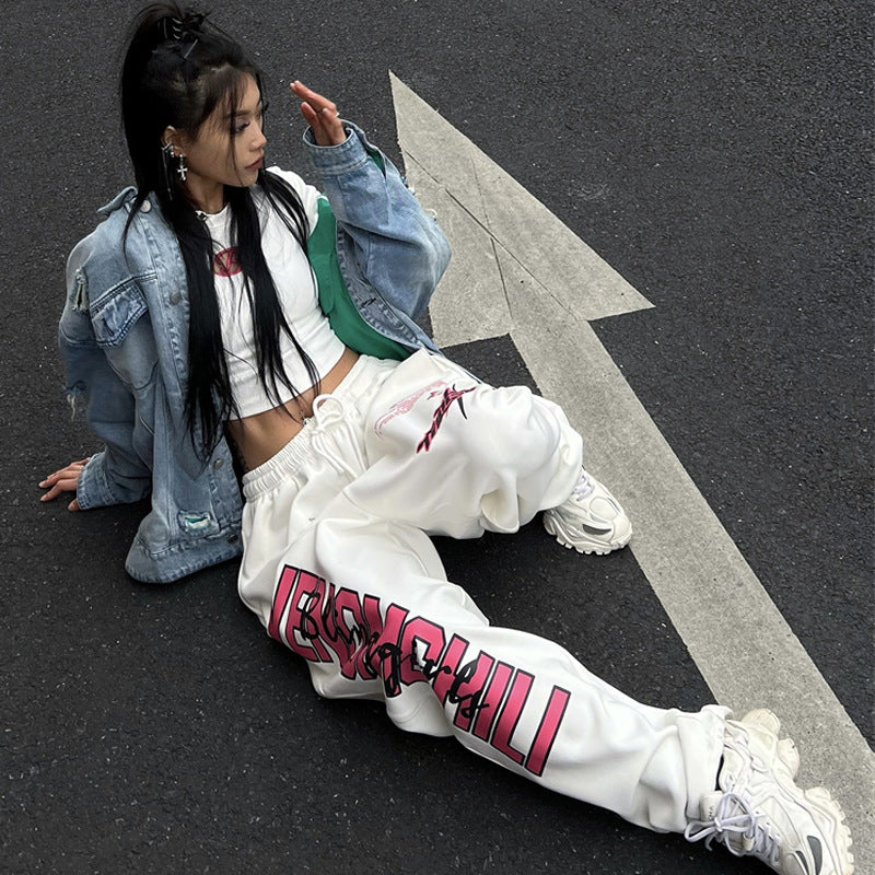 White Printed Loose Women Pants Summer Casual Fit
