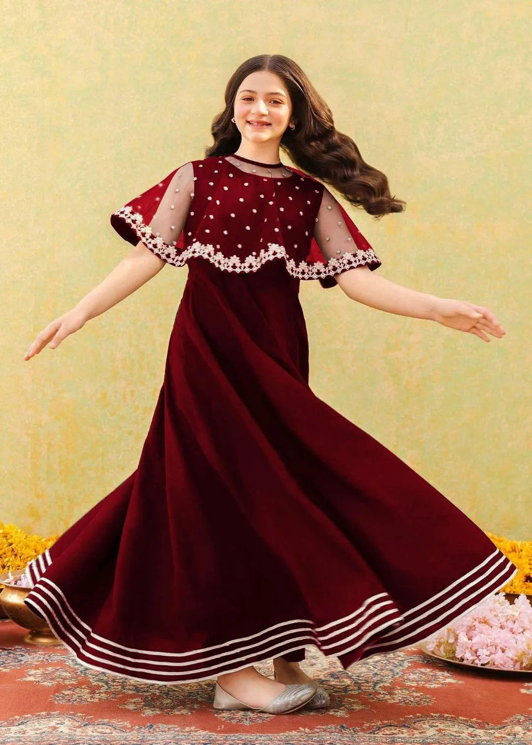 Girl's Shamoz Silk Embroidered Maxi & Jacket