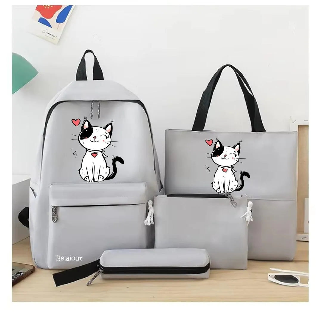 Cute Cat Print Backpack Set Pink Nylon 17"