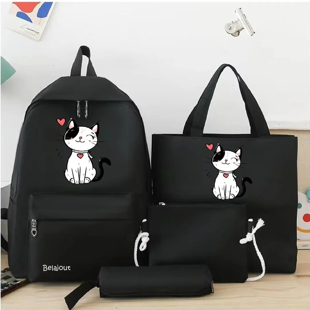 Cute Cat Print Backpack Set Pink Nylon 17"