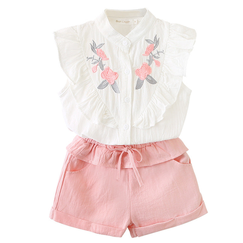 Girls Embroidered Sleeveless Shirt & Shorts Set