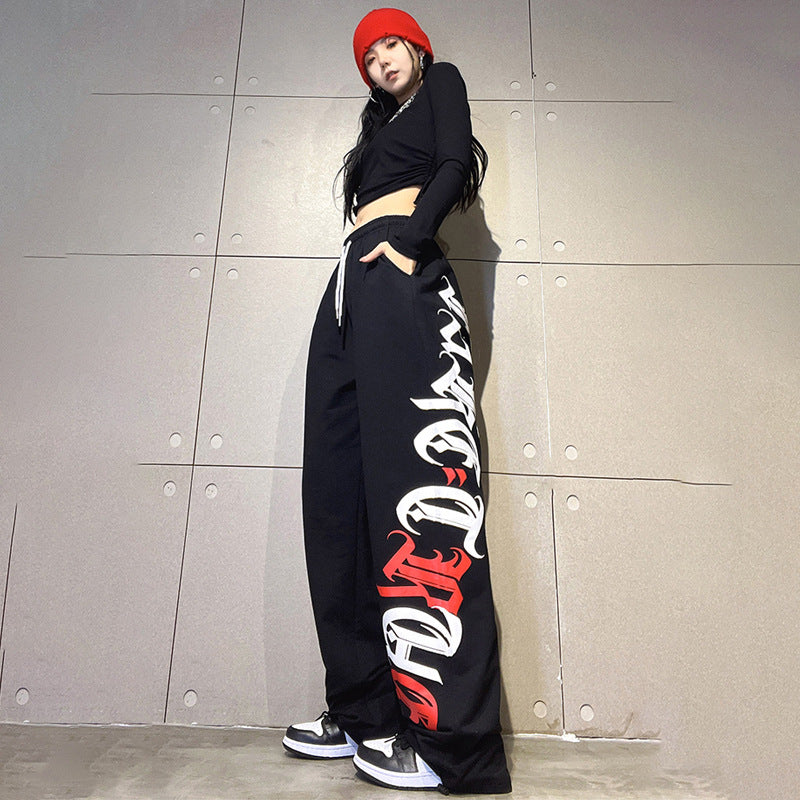 Women Black Wide-Leg Dance Pants Summer Loose Fit
