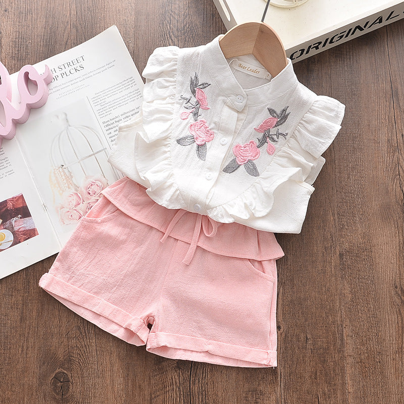 Girls Embroidered Sleeveless Shirt & Shorts Set